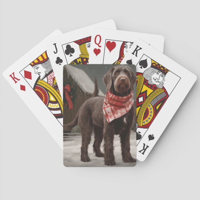 Baraja De Cartas Perro con cabello alambrado apuntando en Navidades (Reverso)