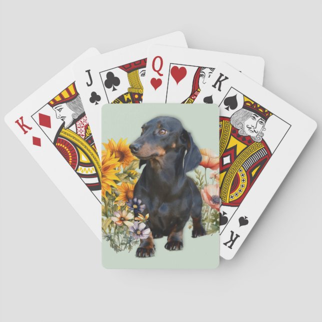 Baraja De Cartas Perro Dachshund negro entre flores silvestres (Reverso)