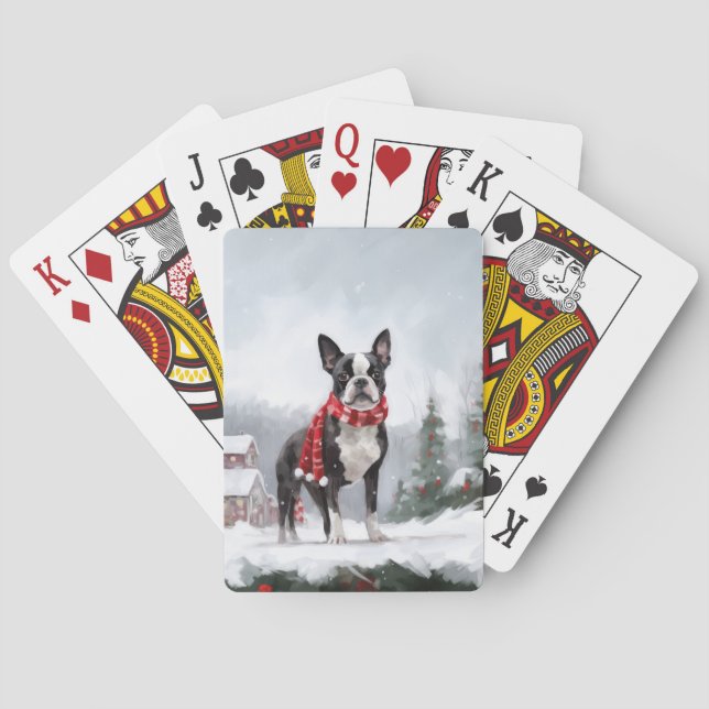 Baraja De Cartas Perro de Boston Terrier en Navidades de Nieve (Reverso)