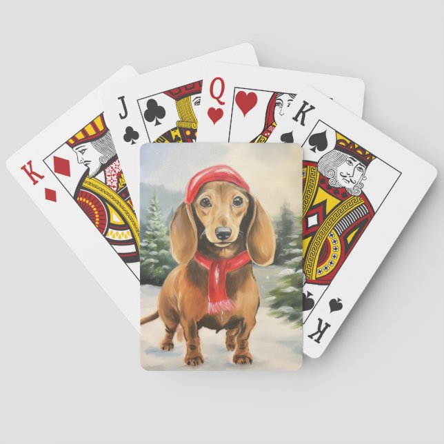 Baraja De Cartas Perro de Dachshund en Navidades de nieve (Reverso)