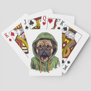 Baraja De Cartas Perro de Pug con capucha verde