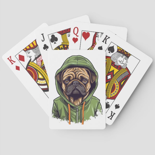 Baraja De Cartas Perro de Pug con capucha verde (Reverso)