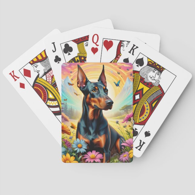 Baraja De Cartas Perro Doberman, Flores Y Montaña (Reverso)