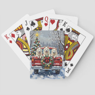Baraja De Cartas Perro Esquimal Americano Camión Rojo Navidad Fiest