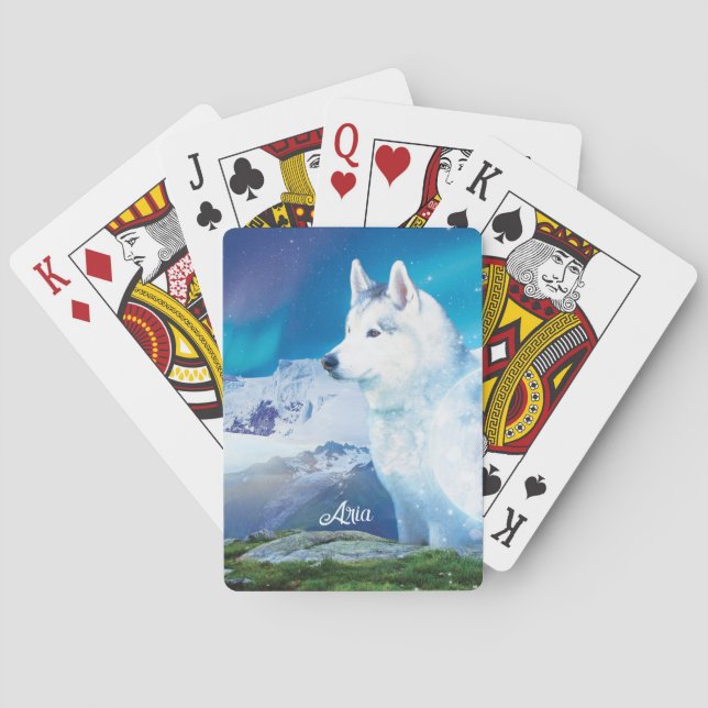 Baraja De Cartas Perro Husky personalizado con montañas (Reverso)