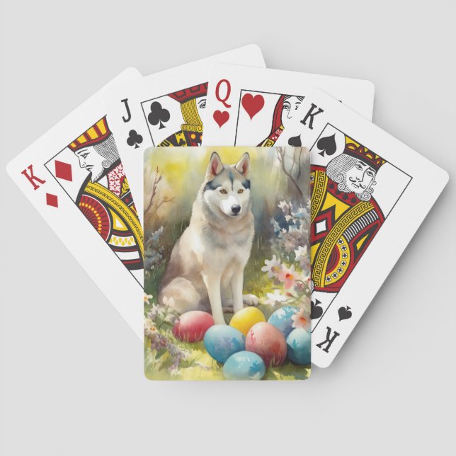 Baraja De Cartas Perro Husky Siberiano con festividad de huevos de  (Reverso)