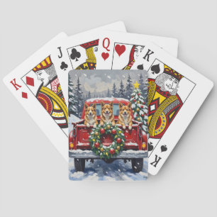 Baraja De Cartas Perro Japonés Chin Camión Rojo Navidad Fiesta