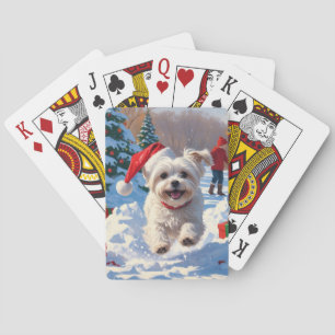 Baraja De Cartas Perro maltés corriendo en la nieve con sombrero de