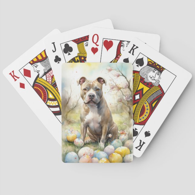 Baraja De Cartas Perro Pitbull con vacaciones en Pascua (Reverso)