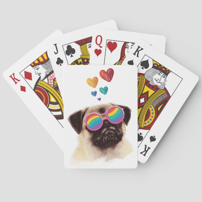 Baraja De Cartas Perro Pug con Corazones Día de San Valentín (Reverso)