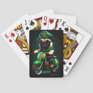 Baraja De Cartas Perro Pug conduciendo bicicleta Día de San Patrici
