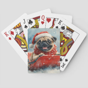 Baraja De Cartas Perro Pug en Trineo Deja que Nieve Navidad