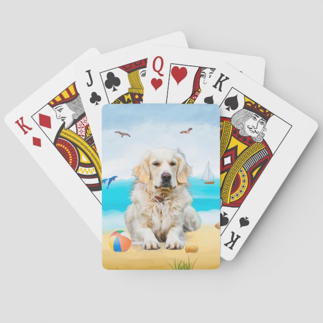 Baraja De Cartas Perro Retriever Dorado en la Playa (Reverso)