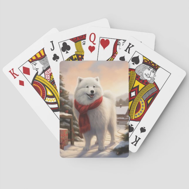 Baraja De Cartas Perro Samoyedo en Navidad con nieve (Reverso)