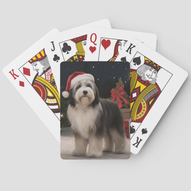 Baraja De Cartas Perro terrorífico tibetano en Navidades de nieve (Reverso)