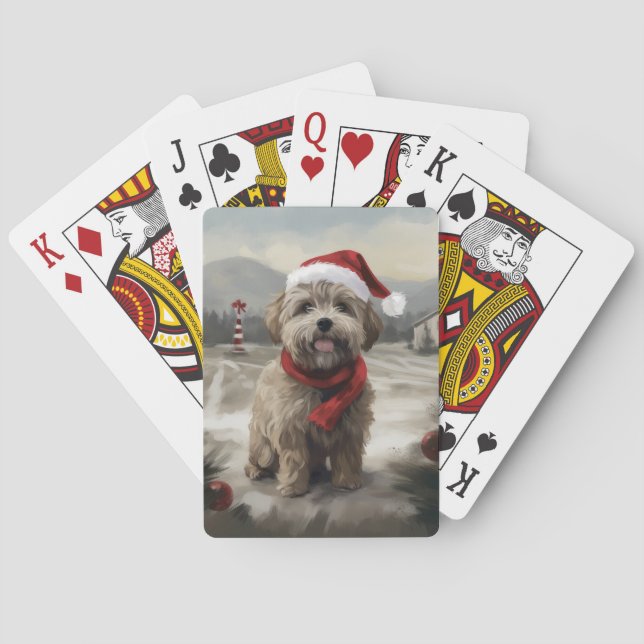 Baraja De Cartas Perro Yorkipoo en Navidad con nieve (Reverso)