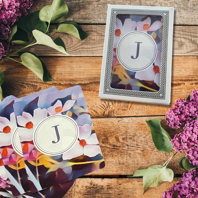 Baraja De Cartas Personalizable morado y azul floral con inicial (Subido por el creador)