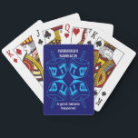 Baraja De Cartas Personalizado Azul Dreidel Hanukkah<br><div class="desc">Elegante cartas de juego de HANUKKAH SAMEACH azul con un patrón de ensueño azul cian en el medio. El color de fondo es el azul cobalto. El texto dice HANUKKAH SAMEACH en la parte superior y UN GRAN MILAGRO SUCEDIÓ en la parte inferior. Ambos son PERSONALIZABLES si desea reemplazar por...</div>