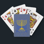 Baraja De Cartas Personalizado Blue Hanukkah MENORAH<br><div class="desc">Elegante MENORAH azul medio jugando a las cartas, mostrando con una meorah de oro falso en un patrón de baldosas. En el centro, hay una imagen de una gran menorah que es PERSONALIZABLE, para que puedas subir tu propia imagen. Debajo, el texto dice CHAG SAMEACH. Esto también es personalizable para...</div>