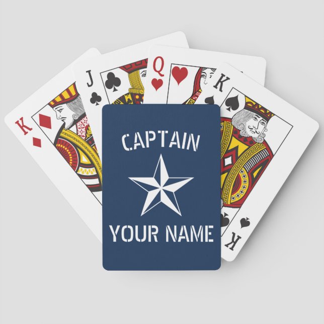 Baraja De Cartas Personalizado capitán nombre estrella náutica azul (Reverso)