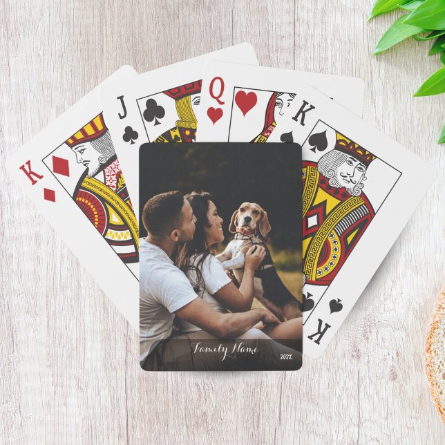 Baraja De Cartas Personalizado Collage de fotos Nombre de familia T (Custom Photo Collage Family Name Black Poker Cards)