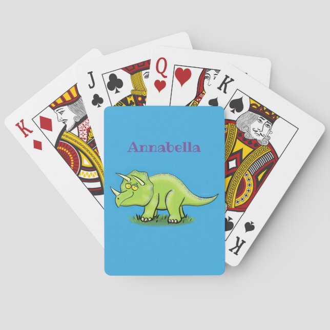Baraja De Cartas Personalizado de dinosaurios de triceratops verde  (Reverso)