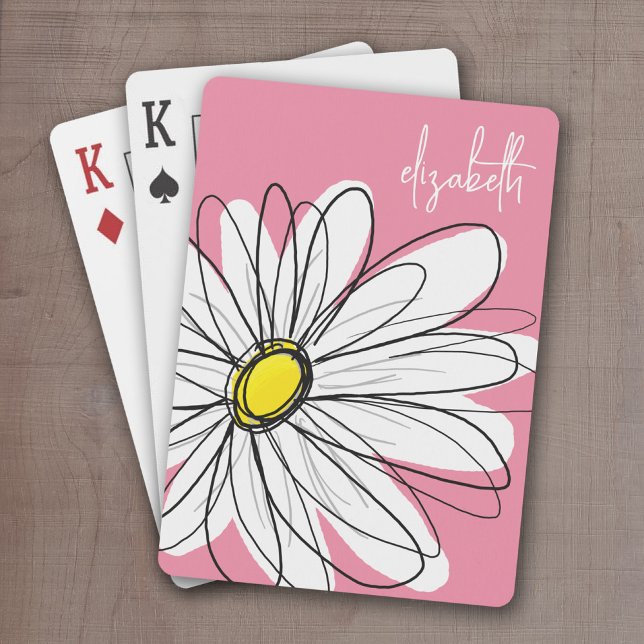 Baraja De Cartas Personalizado de margarita amarilla y rosa (Whimsical Daisy Drawing with a place to add your name - personalized playing cards)