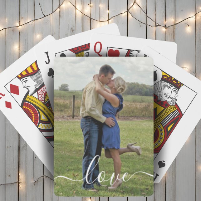 Baraja De Cartas Personalizado Foto Amor Texto Guión Cepillado Sobr (Custom Photo Love Text Brushed Script Overlay Playing Cards)