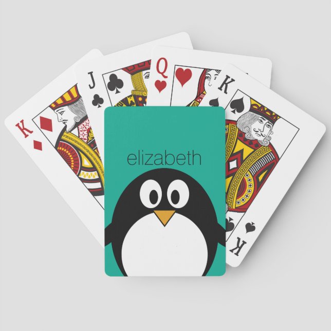 Baraja De Cartas personalizado lindo pingüino esmeralda y negro (Reverso)