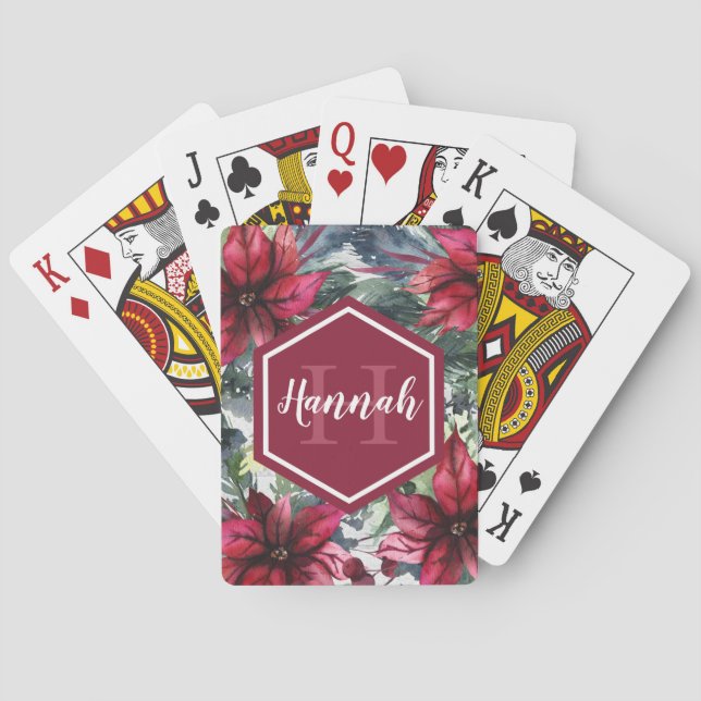 Baraja De Cartas Personalizado Monograma Nombre Poinsettia roja (Reverso)