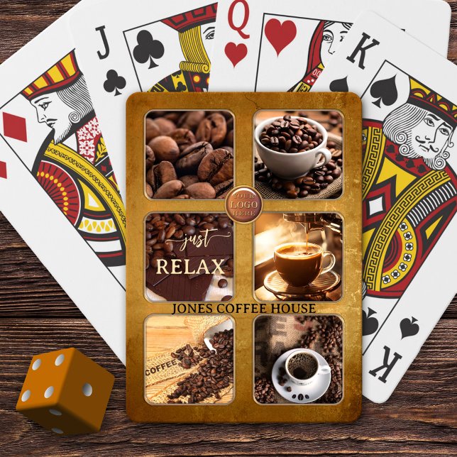 Baraja De Cartas Personalizado Photo Coffee House (Playing cards featuring 6 photos framed by a grunge coffee design and your own logo)