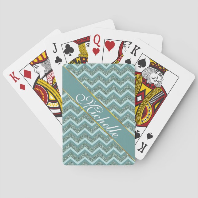 Baraja De Cartas Personalizar este Verde azulado Purpurina ZigZag (Reverso)