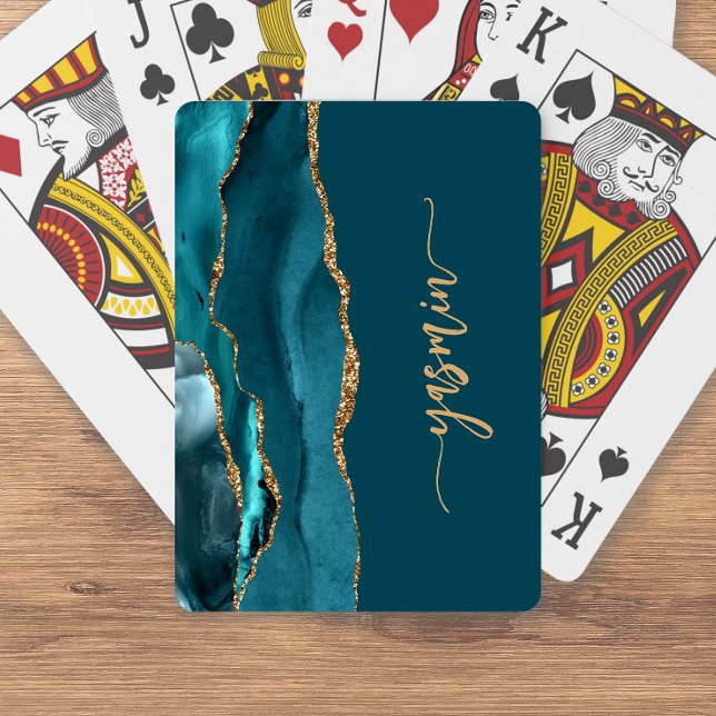 Baraja De Cartas Personalized Signature Teal Blue Gold Agate (Subido por el creador)
