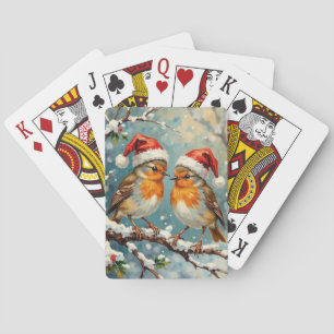 Baraja De Cartas Petirrojos antiguos con sombreros de Santa en rama