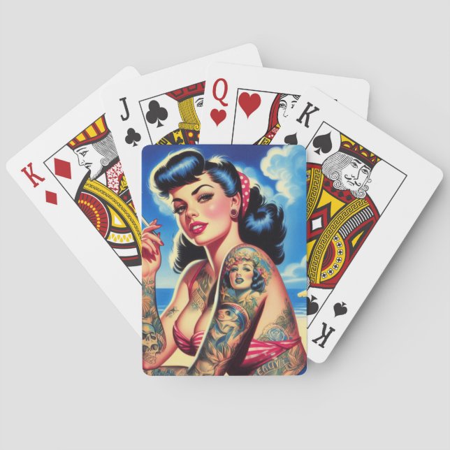 Baraja De Cartas Pin de verano de Bikini retro tatuado (Reverso)