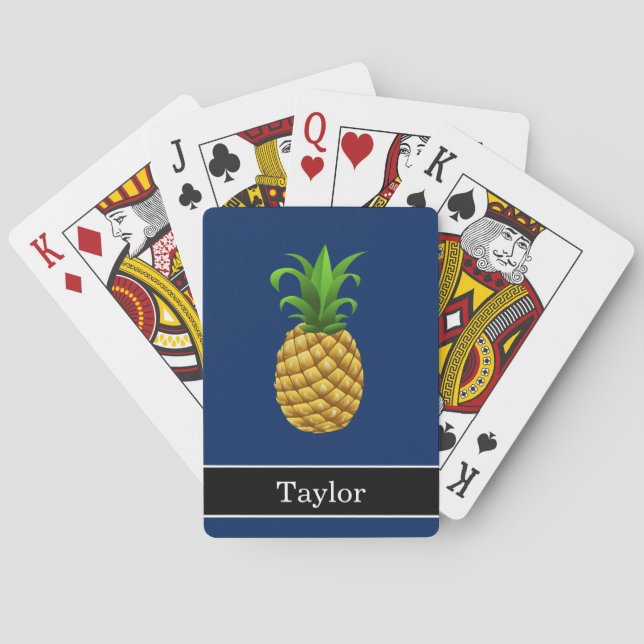 Baraja De Cartas Piña en azul marino con nombre (Reverso)