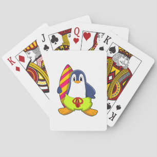 Baraja De Cartas Pingüino como surfista con tabla de surf