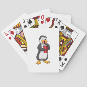 Baraja De Cartas Pingüino con taza de bebida con paja