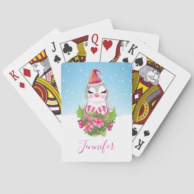Baraja De Cartas Pingüino de Navidades burdos en Santa Hat (Reverso)