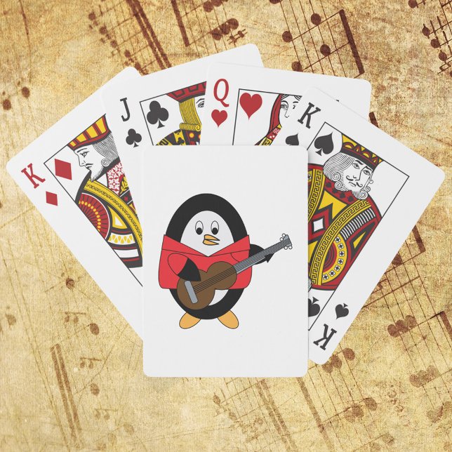 Baraja De Cartas Pingüino Tocando Música De Guitarra (A deck of playing cards with a penguin playing the guitar.)