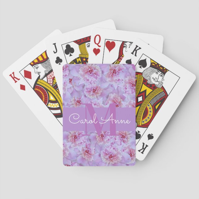 Baraja De Cartas Pink Peonies Morado Monograma Floral (Reverso)
