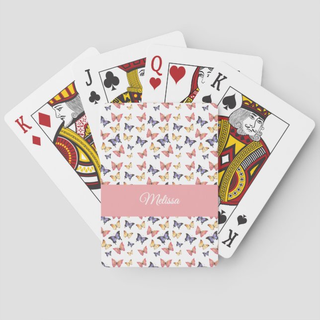 Baraja De Cartas Pink Purple Butterflies Monogram Name (Reverso)