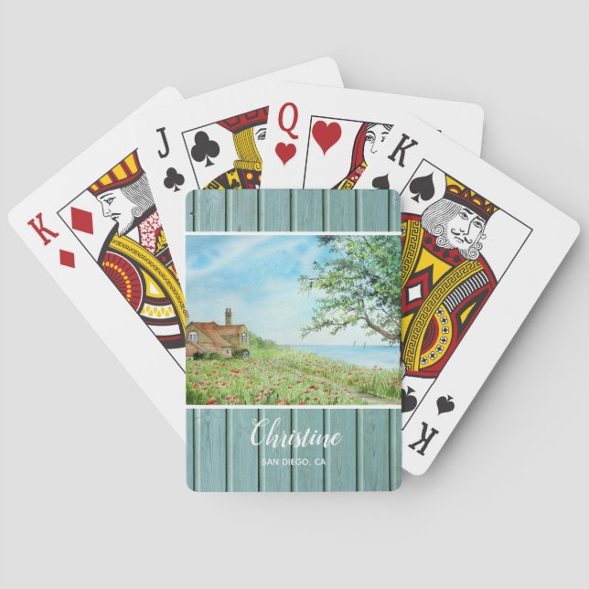 Baraja De Cartas Pintado de acuarela de paisajes de campo de disque (Reverso)