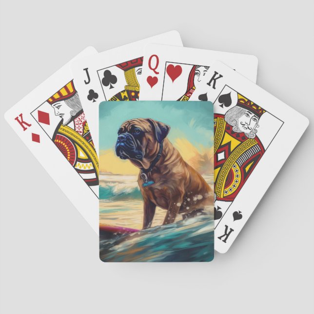 Baraja De Cartas Pintura de Bullmastiff Beach Surfing (Reverso)