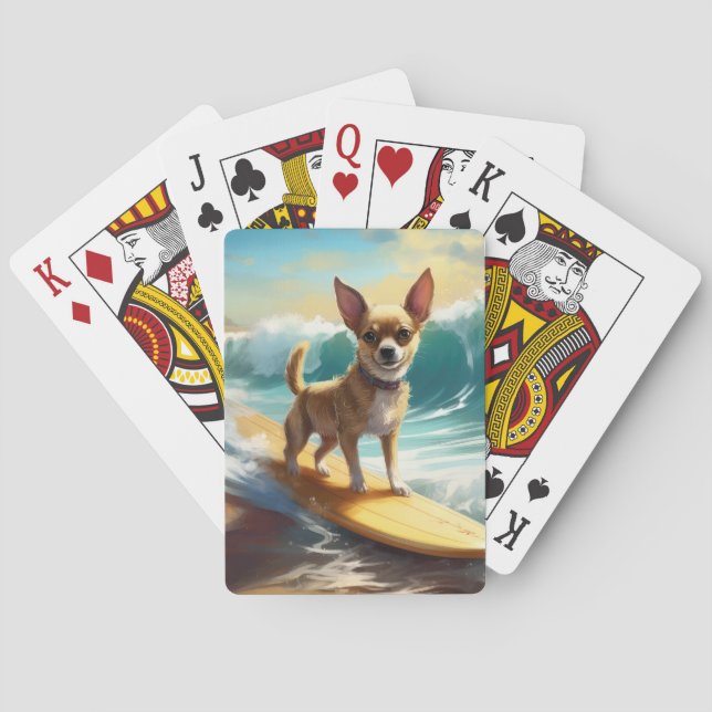 Baraja De Cartas Pintura de Chihuahua Beach Surfing (Reverso)