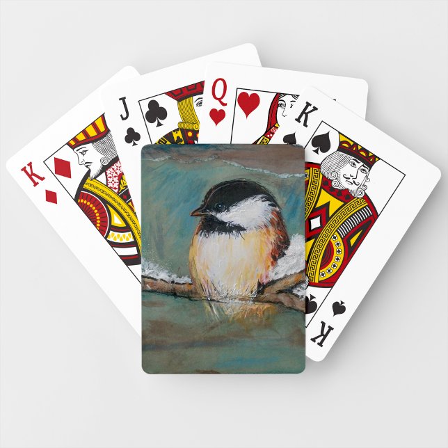 Baraja De Cartas Pintura de invierno de pájaro de pollo con tapa ne (Cute Chickadee Bird Art playing cards from Jenn's Emporium. )