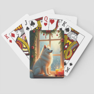 Baraja De Cartas Pintura de Navidad de Samoyed bajo el muérdago