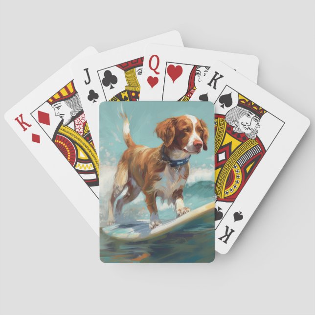 Baraja De Cartas Pintura de surf en la playa de Brittany Spaniel (Reverso)