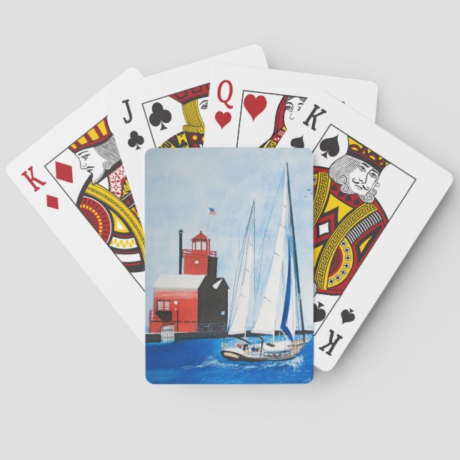 Baraja De Cartas pintura en velero y faro de Michigan (Reverso)