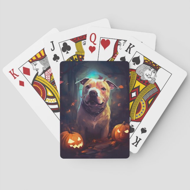 Baraja De Cartas Pitbull De Halloween Con Calabazas Asustadas (Reverso)